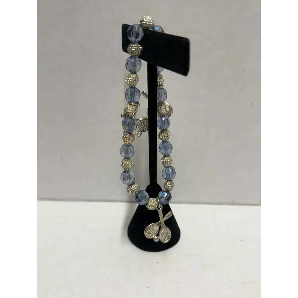 Bracelet Silver Tone Tennis raquets‎ charms blue stretchy